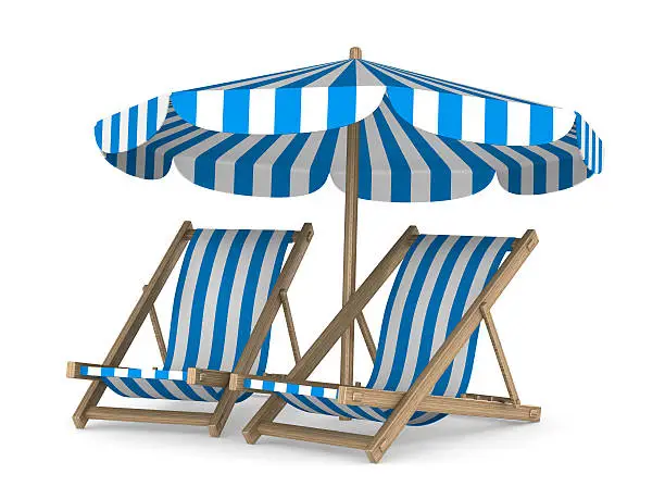 Two deckchair and parasol on white background. Isolated 3D image