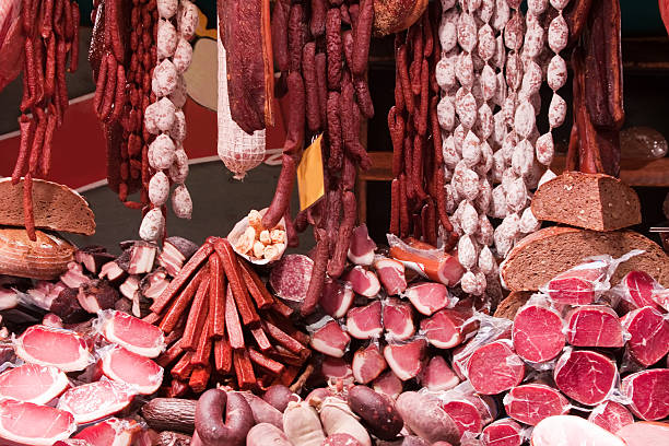 istock Meat and sausages in  market 153857703