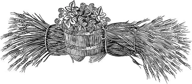 Vector illustration of Wooden barrel of hop and ripe wheat sheaves