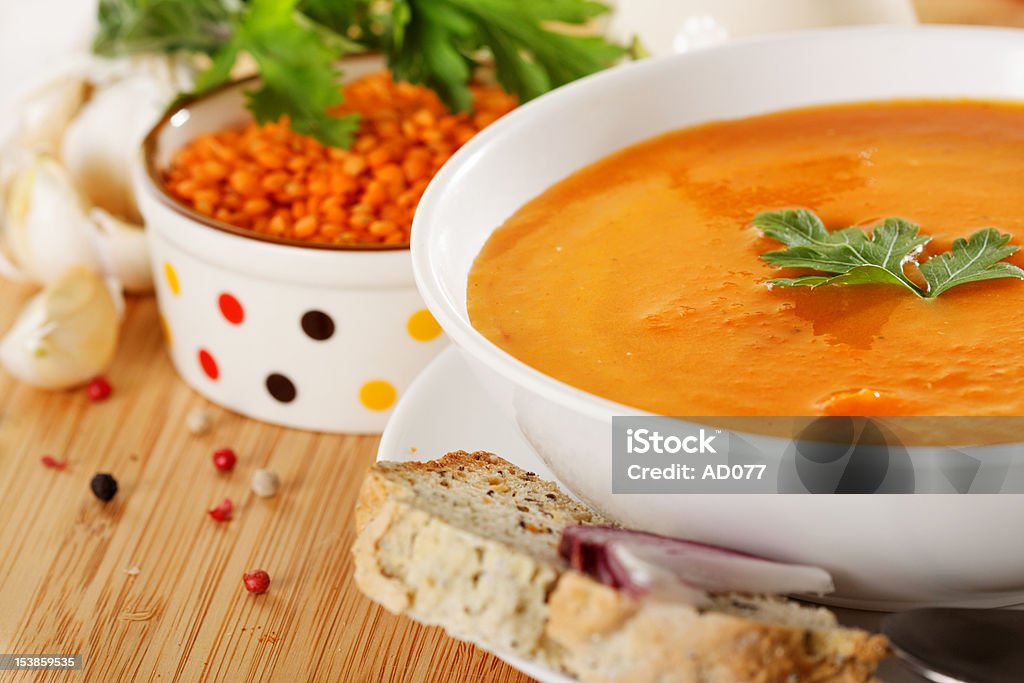 Lentil cream soup Homemade red lentil soup with fresh ingredients Bowl Stock Photo