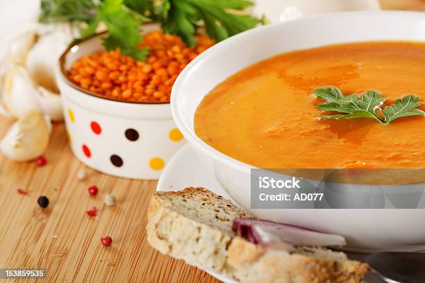 Lentil Cream Soup Stock Photo - Download Image Now - Bowl, Bread, Cream Soup