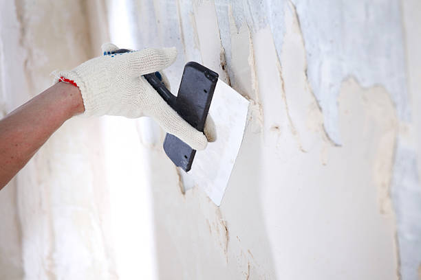 Hand applying render to a wall stock photo