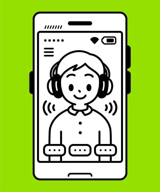 Vector illustration of A boy wearing headphones appears on the smartphone screen, looking at the viewer, minimalist style, black and white outline