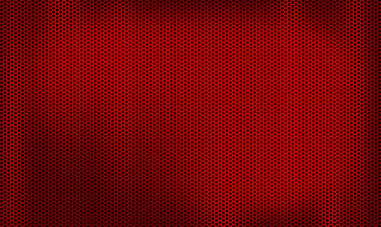 Dark red metal perforated texture. Red metal perforated background. Perforated metallic technology banner. Metal grill. Red geometric hexagonal mesh. Professional speaker structure background. Vector PS10