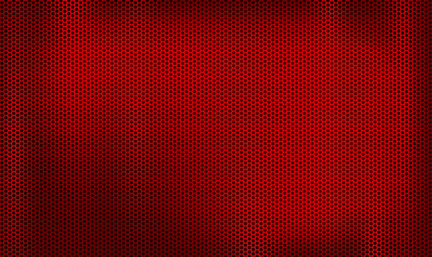 Dark red metal perforated technology background Dark red metal perforated texture. Red metal perforated background. Perforated metallic technology banner. Metal grill. Red geometric hexagonal mesh. Professional speaker structure background. Vector PS10 metallic red chrome pattern stock illustrations