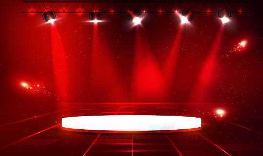 Abstract round podium illuminated with spotlight. Award ceremony concept. Stage backdrop. Product display podium with bokeh decoration and glitter light effect. Futuristic, Showcase, Stand. Vector EPS10