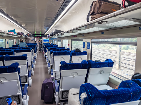 Otrokovice, Czech Republic - February 15, 2024: Interior of an empty suburban train. Railway company České dráhy.