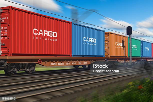 Freight Train With Cargo Containers Stock Photo - Download Image Now - Freight Train, Train - Vehicle, Rail Freight