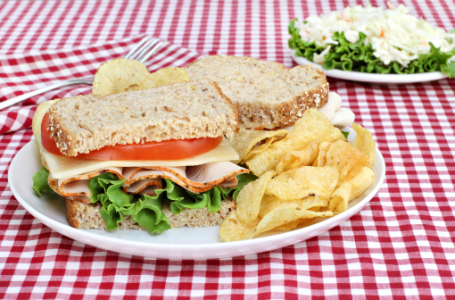 Healthy turkey, swiss, lettuce and tomato sandwich on wholesome multi grain bread.  Set, picnic style, on a red checked tablecloth.