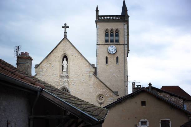 Morestel, France: Church and Clock Tower Close-Up