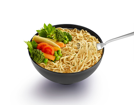 Bowl of Noodles with vegetable sauce on white background