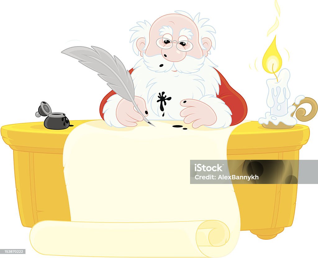 Santa Claus writes Santa writing with feather and ink on a scroll of paper Author stock vector