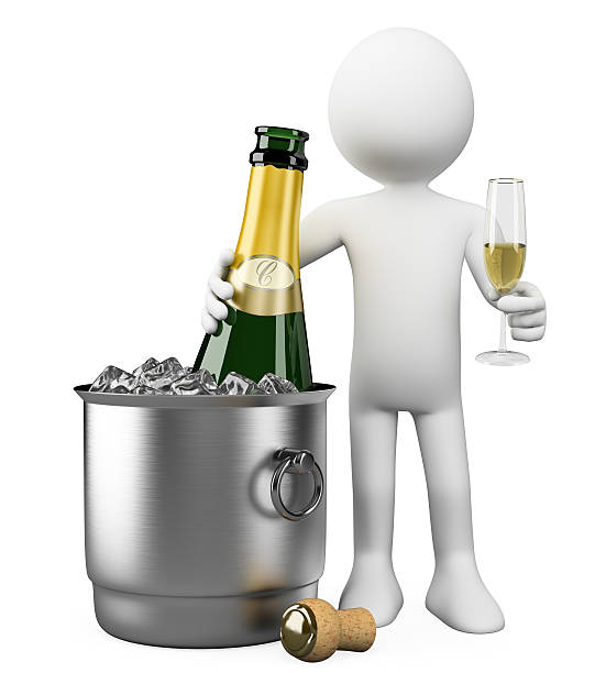 3 d bianco persone. bottiglia di champagne in un secchiello - wine ice bucket wine bottle three dimensional shape foto e immagini stock