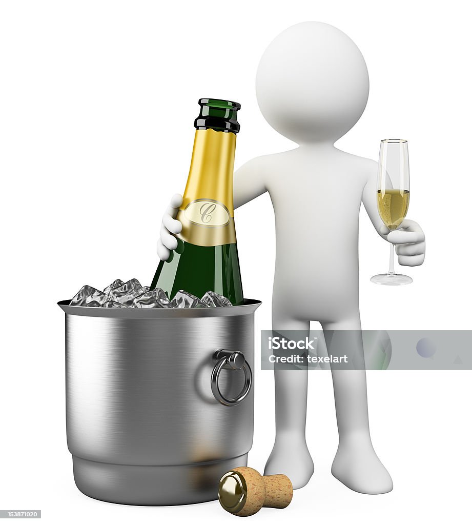 3 D branco pessoas. Garrafa de champagne no balde suvenir - Foto de stock de Adulto royalty-free