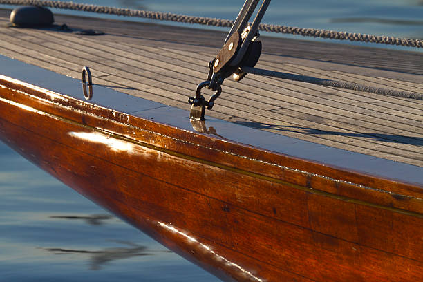 Classic wooden sailboat boat - a Nordic Folkboat built in pine from 1960 tied to cliffs in the Stockholm Archipelago.