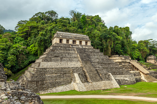 Maya temple pyramid of inscriptions, Palenque ruins, Chiapas, Mexico.