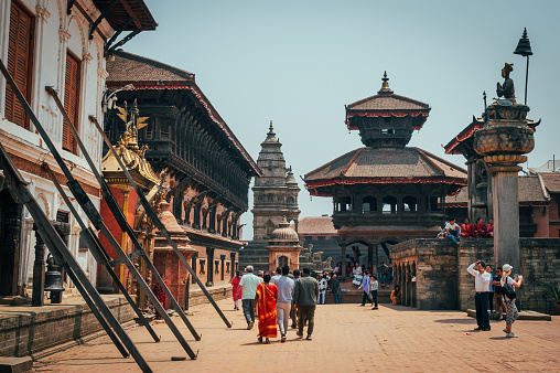 Bhaktapur, Nepal - Apr 16, 2023: A landscape around Bhaktapur Durbar Square, a former royal palace complex and UNESCO World Heritage located in Bhaktapur, Nepal