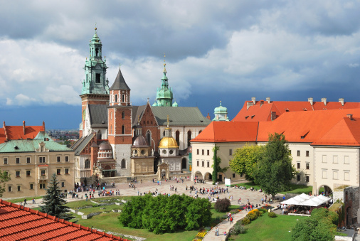 Krakow, Poland. Wawel Cathedral on the background of the stormy sky