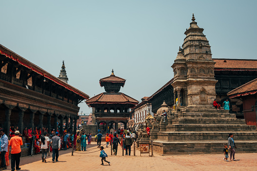 Bhaktapur, Nepal - Apr 16, 2023: A landscape around Bhaktapur Durbar Square, a former royal palace complex and UNESCO World Heritage located in Bhaktapur, Nepal