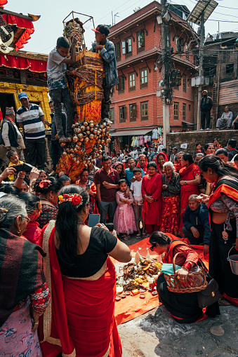 Bhaktapur, Nepal - Apr 16, 2023: Locals gathering and celebrating Biska Jatra (Bisket Jatra) festival or the Nepalese New Year at Bhaktapur, Nepal