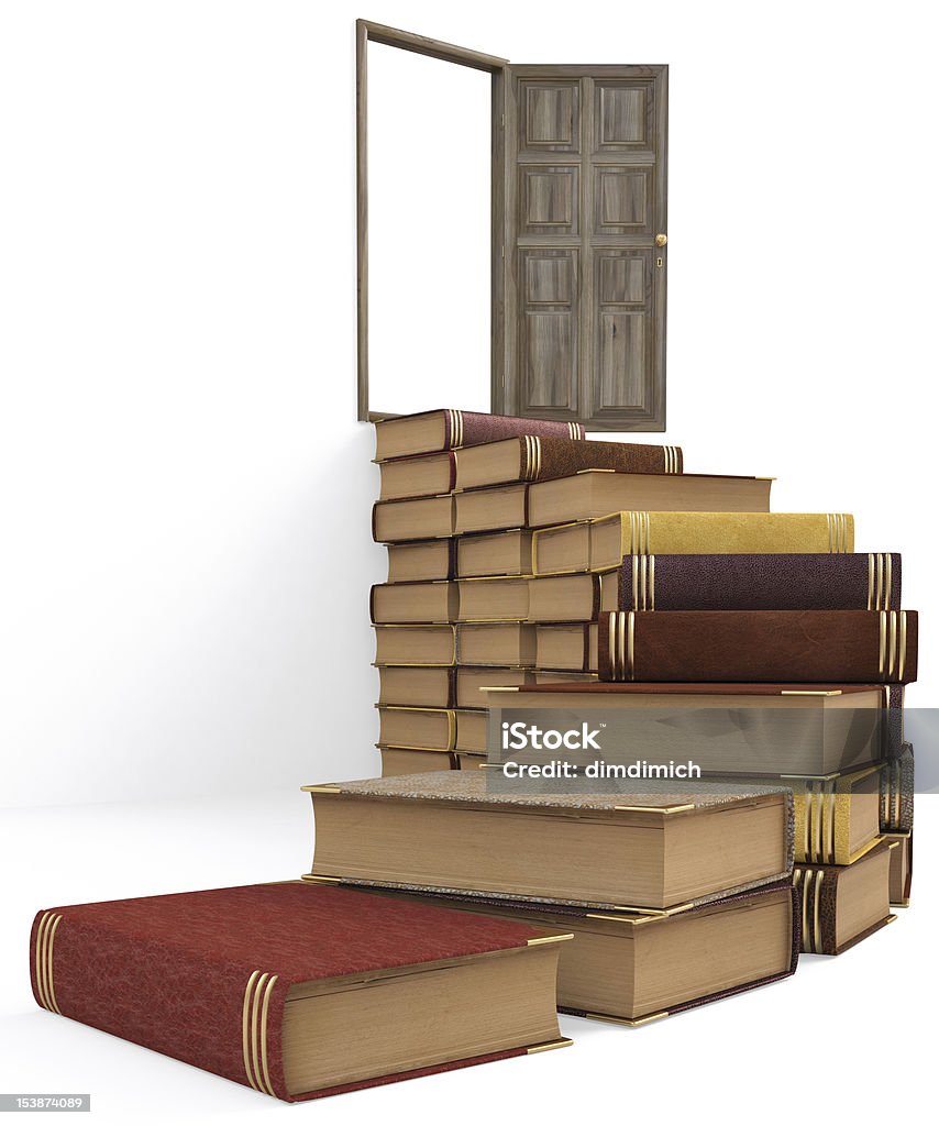 books stairs made of books leading to the open door. isolated on white. Book Stock Photo