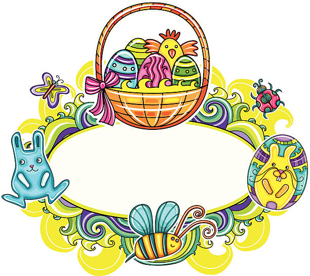 Easter framework Holiday Easter Frame with cute holiday symbols. Traditional basket with colorful painted Easter eggs, cute bumblebee, funny bunny, Floral elements like flowers and plants. Isolated on white background AI, CDR, JPG are available. ladybug frame border clip art stock illustrations