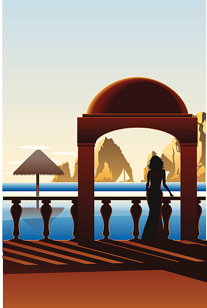 Vintage Cabo Travel Poster Vintage travel poster style illustration of woman on balcony overlooking infinity pool and pacific ocean at Lands End, Cabo San Lucas, Mexico. mexico people stock illustrations