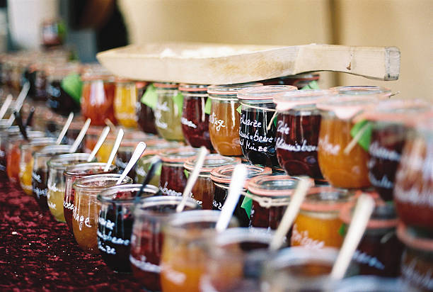 Homemade preserves in a row.