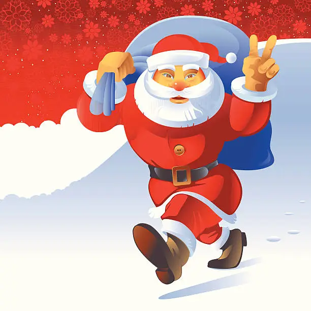 Vector illustration of Santa Claus walking with a bag of gifts.