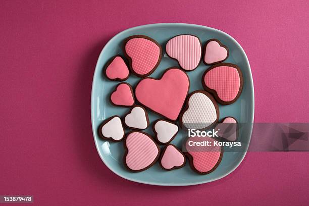 Heart Shaped Chocolate Cookies On A Plate Stock Photo - Download Image Now - Baked, Blue, Brown