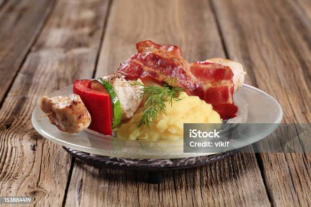 Chicken Shish Kebab And Mashed Potato Stock Photo - Download Image Now - Bacon, Barbecue - Meal, Chicken Meat