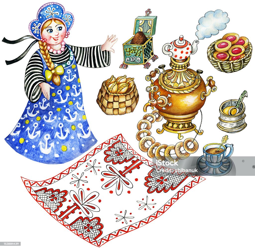 Russian tea Traditional Russian tea party. Set of hand painted images: tablecloth,samovar, tea pot, bread-rings, pies, honey. Adult stock illustration