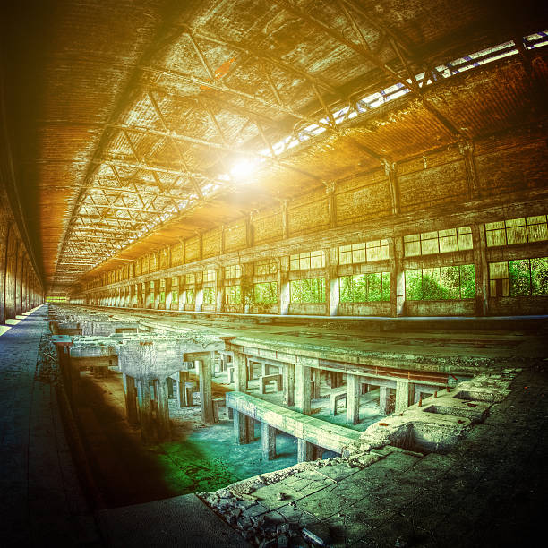 Abandoned Old Ruined Factory. Fisheye Lens. Lens flare.