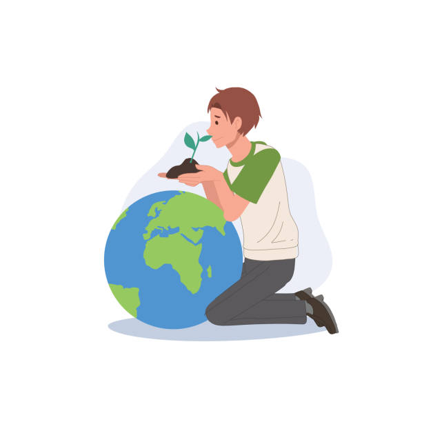 koncepcja ekologiczna. mężczyzna trzymający zieloną roślinę z ziemią w rękach. dba o środowisko. płaska ilustracja wektorowa - environmental conservation recycling thinking global warming stock illustrations