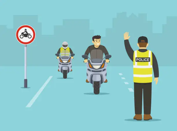Vector illustration of Isolated traffic police officer makes a stop gesture with his hand and pulls over motorcycle riders. No motorcycle sign area.
