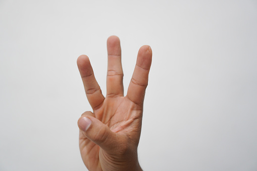 Man`s hand gesture, counting number Three , isolated on white background - part of set