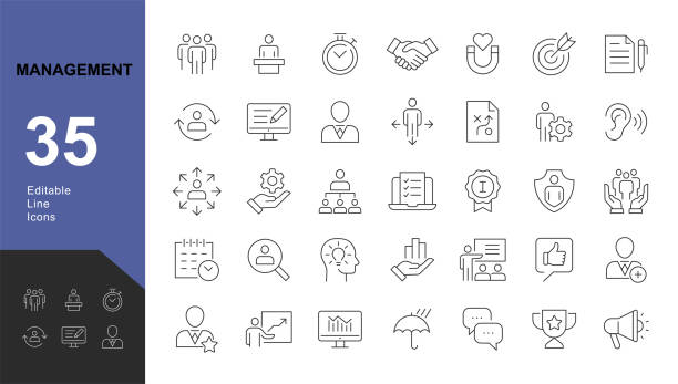 Management Line Editable Icons set. Vector illustration in modern thin line style of business icons: functions, principles, goals, and more. Pictograms and infographics for mobile apps ceo stock illustrations