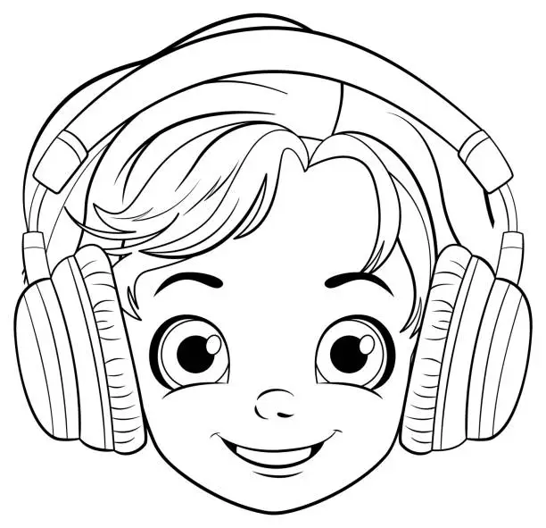 Vector illustration of Boy head wearing headset doodle outline