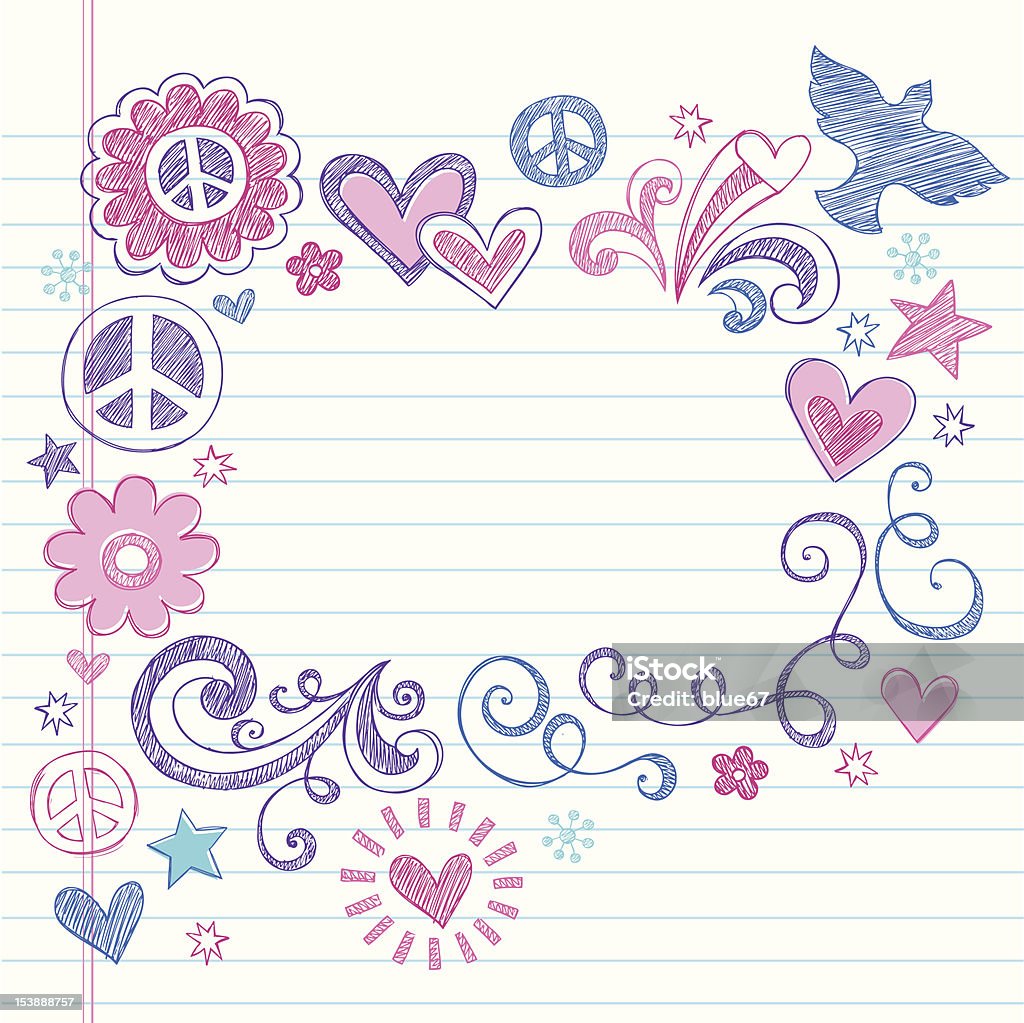 Peace & Love Sketchy Doodles Vector Page Border Back to School Style Hand-Drawn Sketchy Peace and Love Sketchy Notebook (Sketchbook) Doodles Vector Illustration Page Border. Design Elements on Lined Paper Background. Illustrator AI file also included. I ♥ Doodles! Doodle stock vector