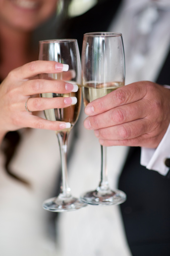 bride and groom hold champagne in glasses for a toast