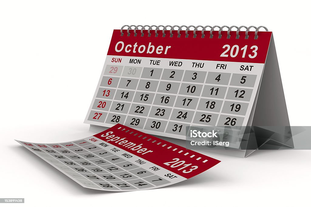 2013 año calendario. El mes de octubre. Imagen 3D aislada - Foto de stock de 2013 libre de derechos