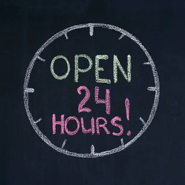 The dial with text "Open 24 hours!", drawn on a blackboard