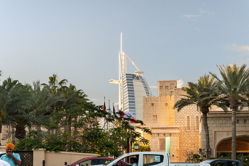 Dubai, United Arab Emirates, March 18, 2023 : The bazaar and shopping mall - Souk Madinat Jumeirah and the Burj Al Arab Hotel in Dubai city, United Arab Emirates