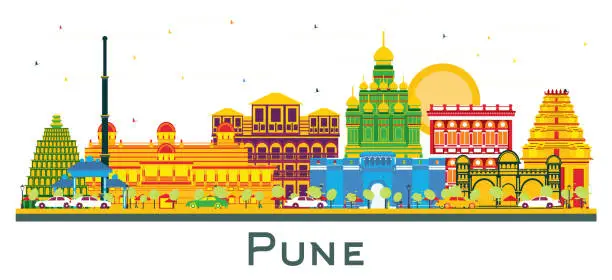 Vector illustration of Pune India City Skyline with Color Buildings Isolated on White.