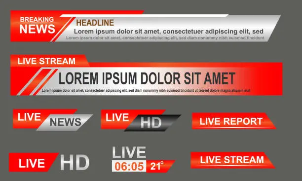 Vector illustration of Broadcast News Lower Thirds Template layout red grey set collection design banner for bar Headline news title, sport game in Television, Video and Media Channel vector