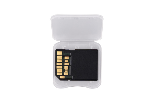 SD card in plastic case isolated on white background.