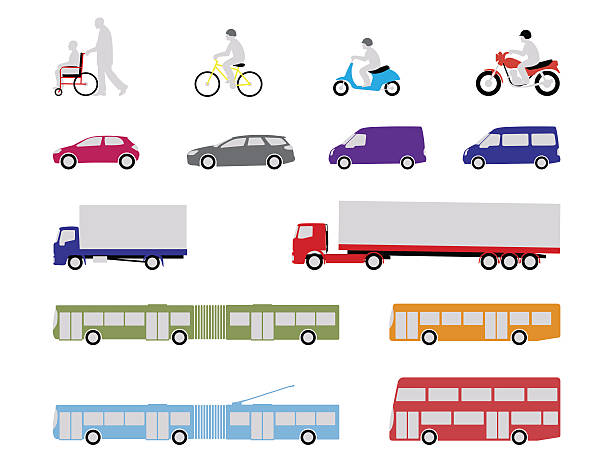 set of road transport vehicles illustrated set of pedestrian, road and public transport vehicles coach bus stock illustrations