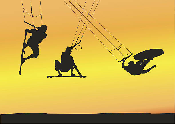 Kite boarding aerial jumps Selection of kite boarding aerial jump silhouettes, individually grouped and fully editable illustrations with sunset background. kiteboarding stock illustrations