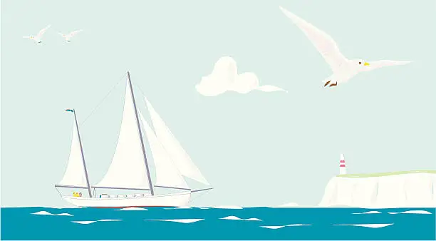 Vector illustration of sailing yacht cruising on a summer day