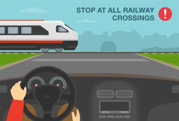 Vector illustration of Hands driving a car. Driver is waiting at stop line express passenger train is approaching. Stop at all level or railway crossings warning design. Rail safety tips.